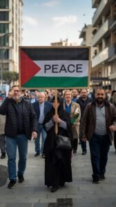 Grupo de personas marchando por la calle mientras una mujer sostiene un cartel con la bandera palestina y la palabra “Peace”.