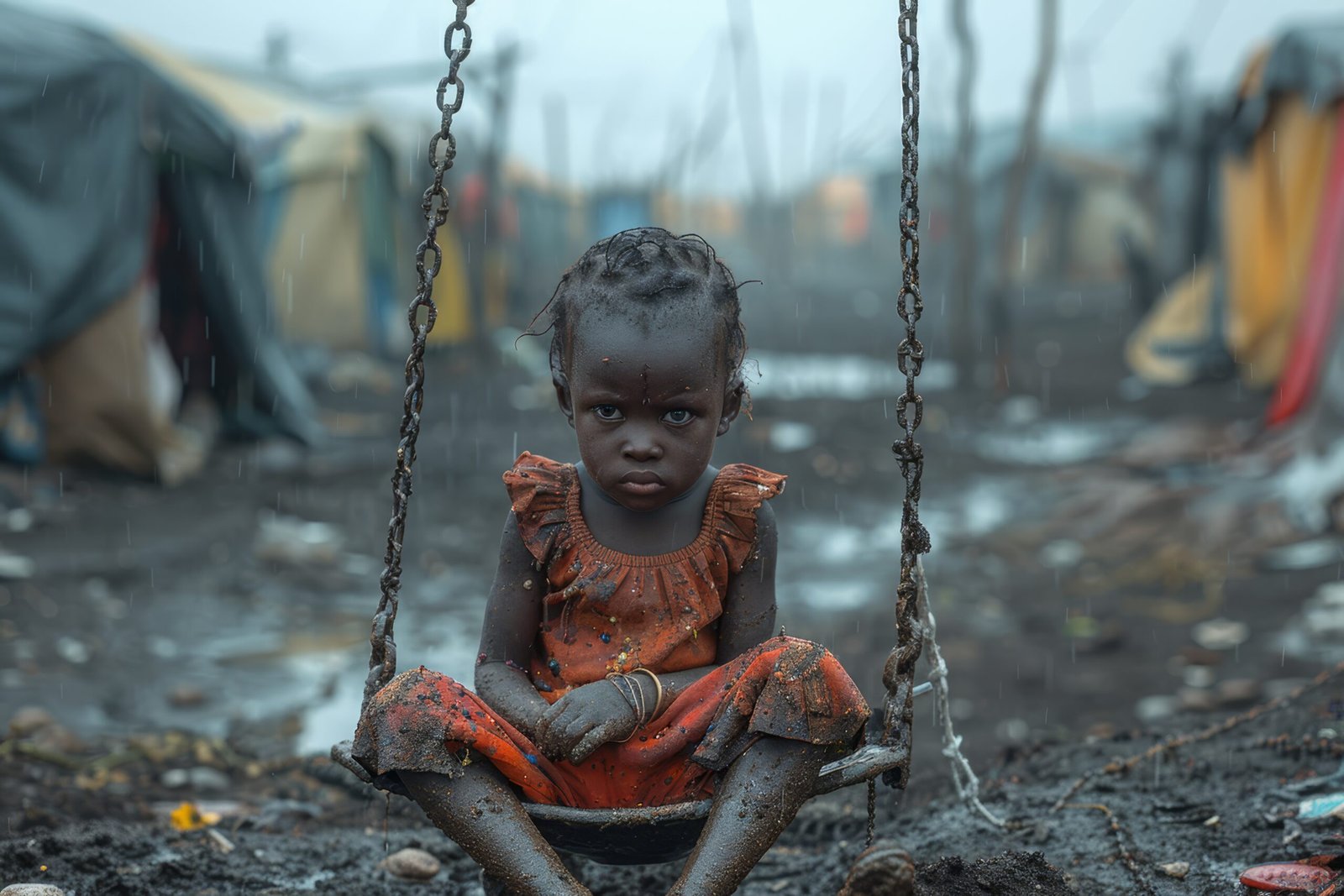 Niña pequeña con vestido naranja sentada en un columpio cubierto de barro, bajo la lluvia, en un campamento de refugiados.
