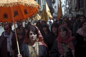 Grupo de personas vestidas con ropas tradicionales participa en una procesión religiosa durante la Semana Santa, bajo un paraguas naranja decorado.